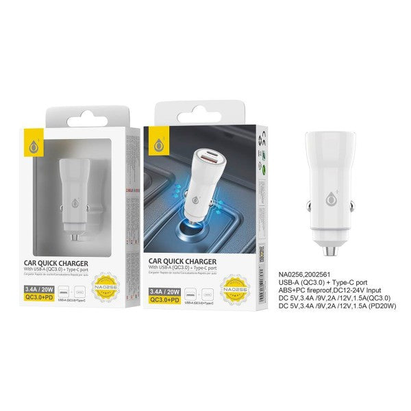 Jc na0256 white / cargador de vehículo usb-c / usb-a 20w